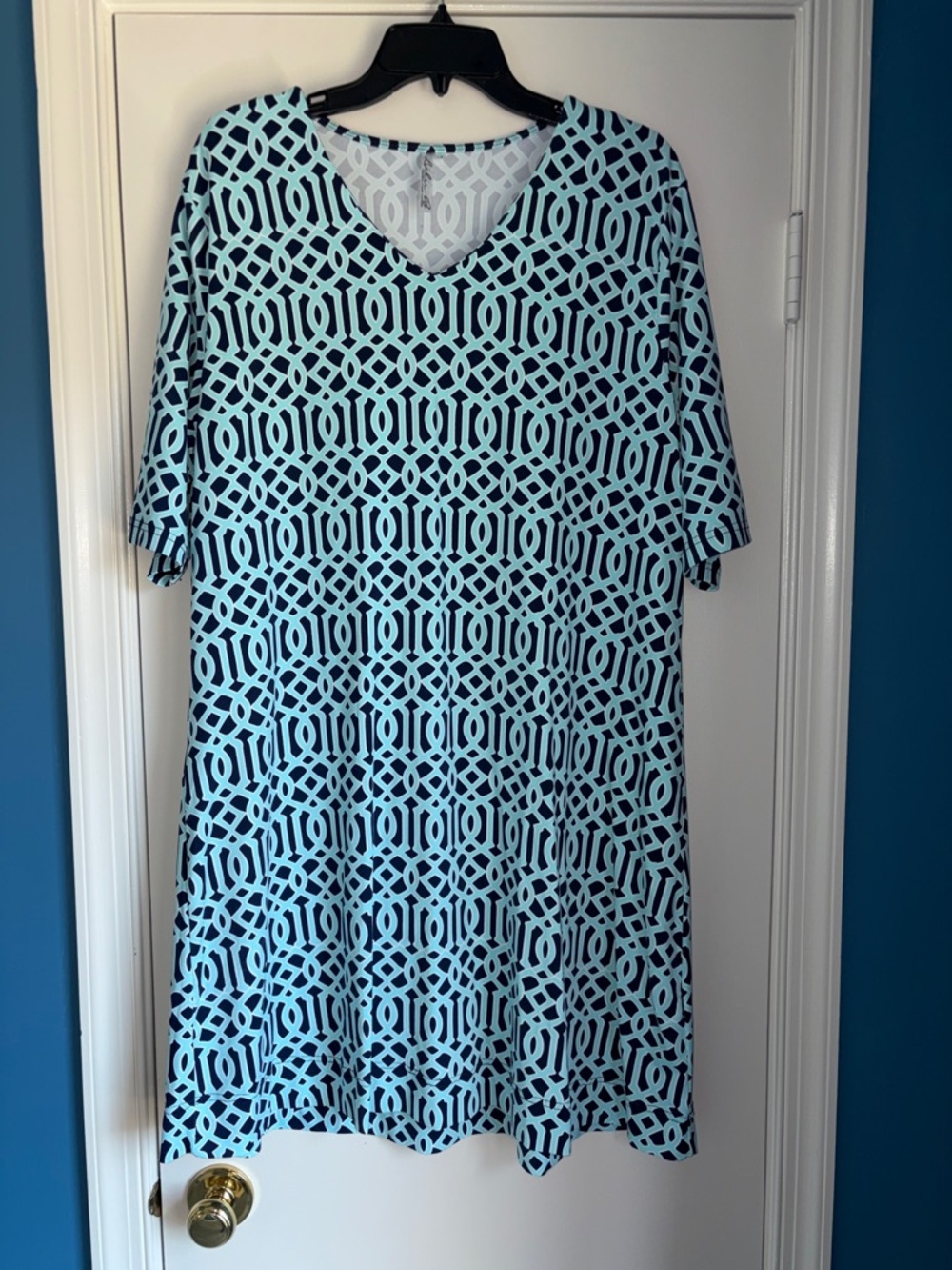 Lulu-B Aqua and Navy Geometric V-Neck Midi Dress